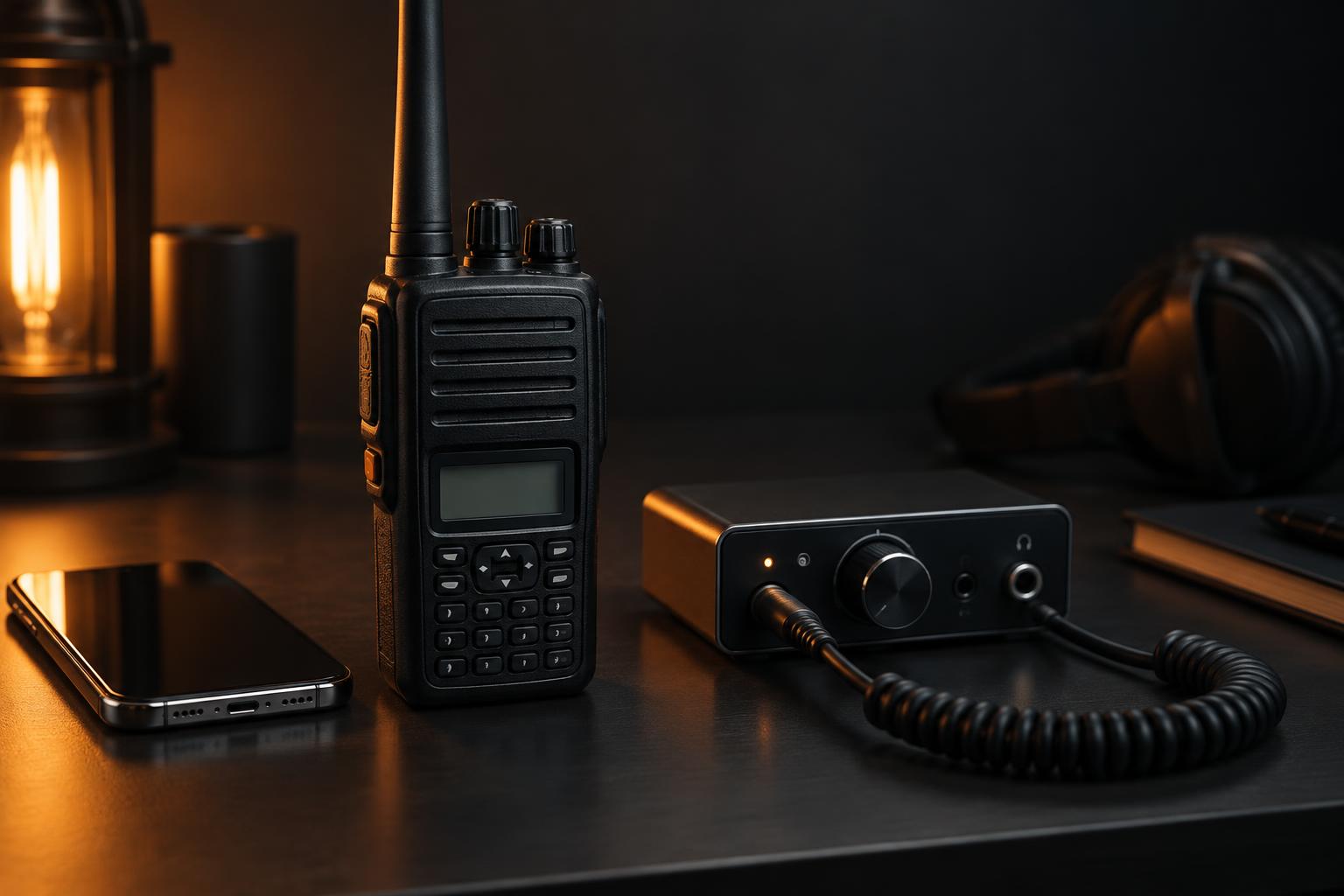 Walkie-talkie de radioaficionado sobre una mesa junto a una interfaz de audio y un teléfono
